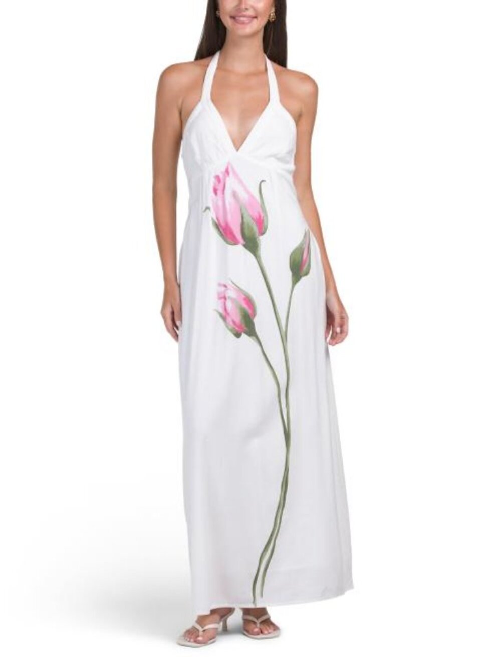 MIDNIGHT SKY Linen Blend Placed Floral Print Halter Maxi Dress